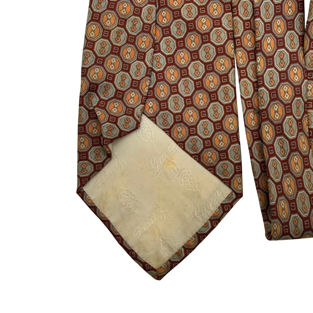 Vintage Gucci Silk Tie Burgundy Gold Geometric Interlocking G Logo Made in Italy